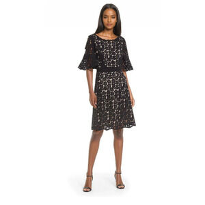 New Shani Collection Bell-Sleeve Laser Cut Dress in Beige Size 6